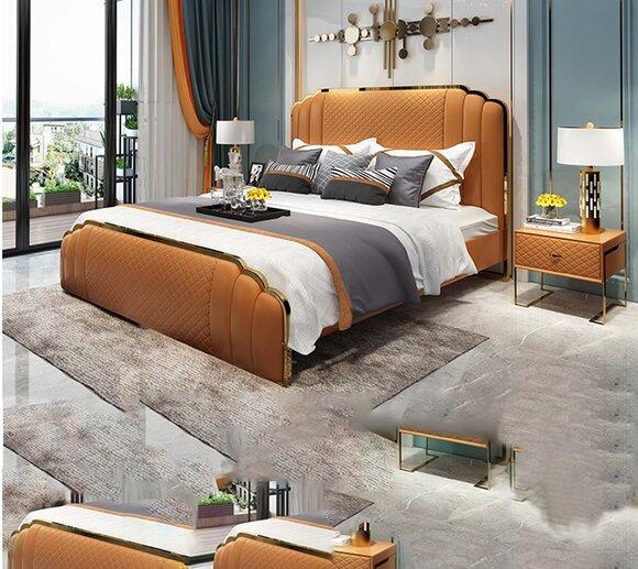 Design bedroom leather bed 3 pieces. Set 2x bedside table beds luxury furniture console