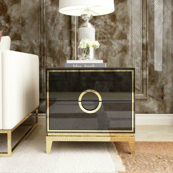 Side Table Living Room High Gloss Wood Stainless Steel Black Golden Look Legs New