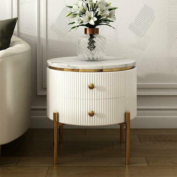 Round Side Table High Gloss Stainless Steel Wood Luxury Living Room New Premium Materials White