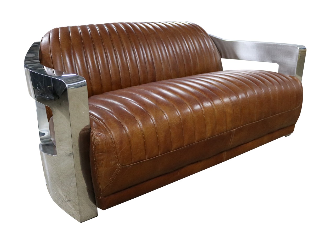 Sofa Vintage 2-Seater Leather Sofa Retro Style Real Leather Aluminium Rivets Furniture