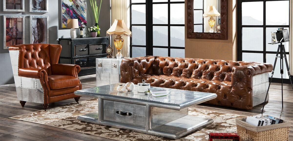 Leather sofa settee 3 seater vintage leather furniture three seater couch aluminum couches