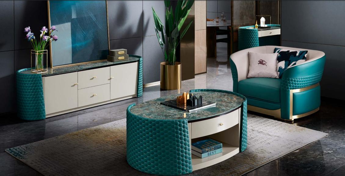 Coffee table base cabinet wood leather Turquoise Modern New 2 pcs. Design furniture luxury