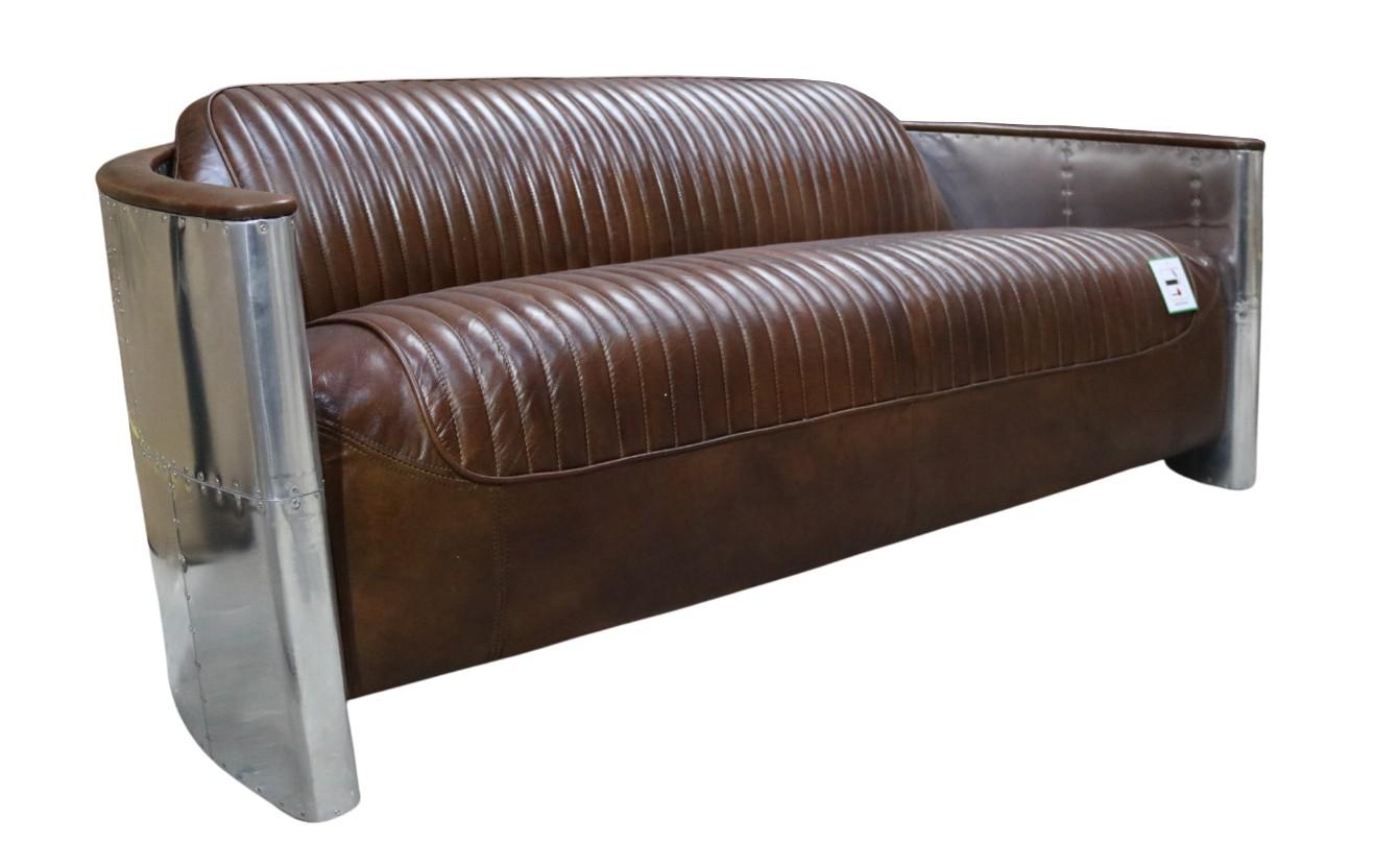 Real leather sofa leather design sofa 3-seater vintage couch aluminum airplane metal