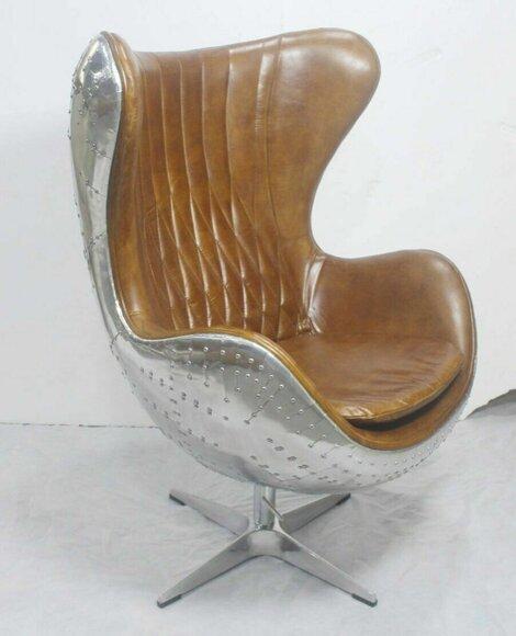 Vintage bucket chair aluminum real leather rocker function egg brown