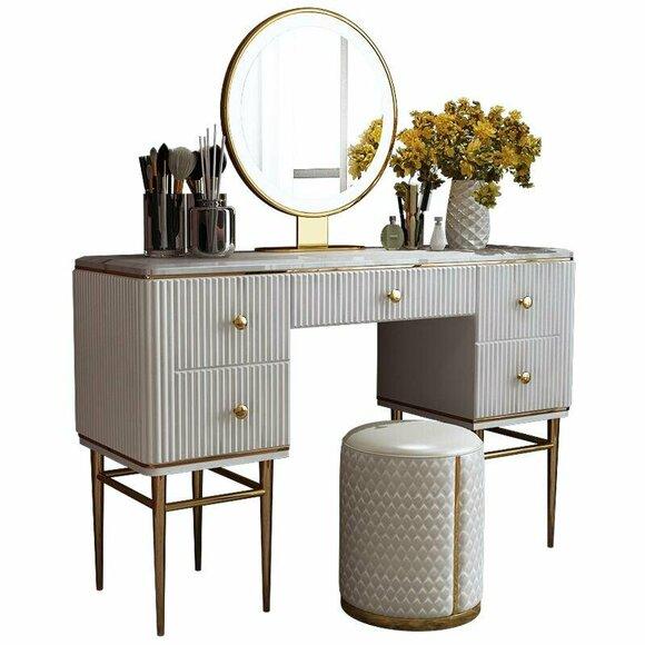 Vanity Set 2 piece Dressing Table + Stool Wood Leather Stainless Steel Bedroom Furniture