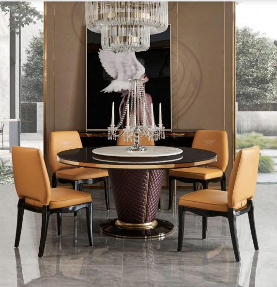 Luxury Designer Dining Room With Round Dining Table & 6 x Lean Back Chairs Metal Leather New