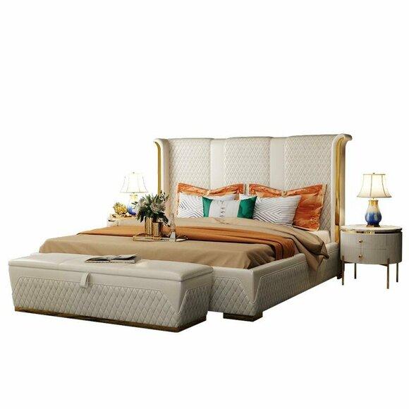 Double bed Classic bed Designer Upholstered Beds Frame Textile Leather White