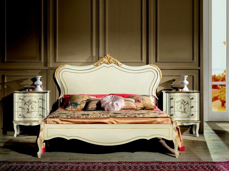 Luxury bed 160x195cm with wooden headboard and 2 bedside tables Italian furniture new