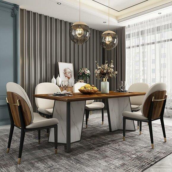 Dining Room 7 Pieces Set Dining Table + 6 x Chair Glossy Tabletop Wood with Stainless Steel New