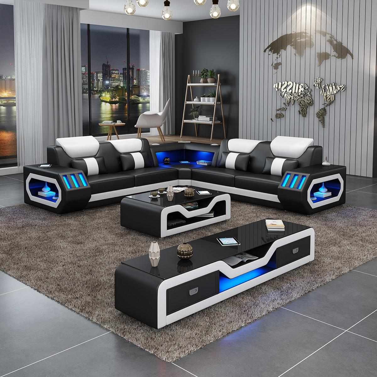 Corner sofa L shape coffee table sofa couch design upholstery leather modern blue table new