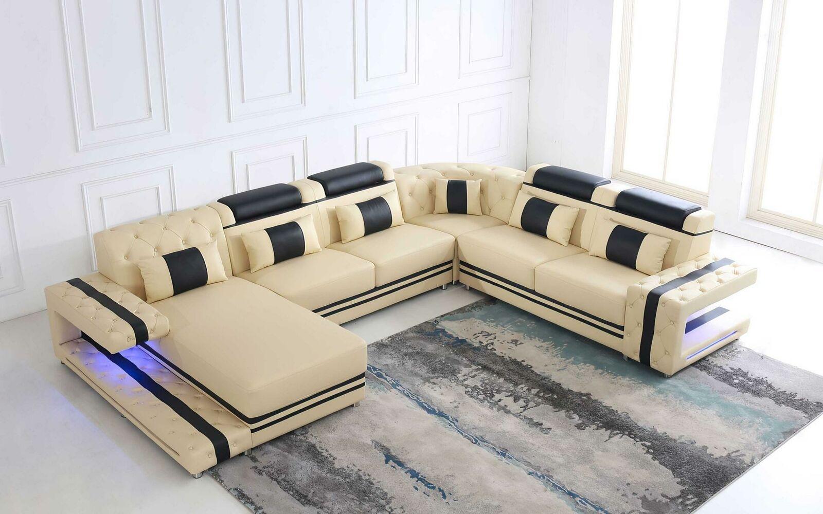 Leather upholstery seat design modern corner set sofa living area U shape USB LED