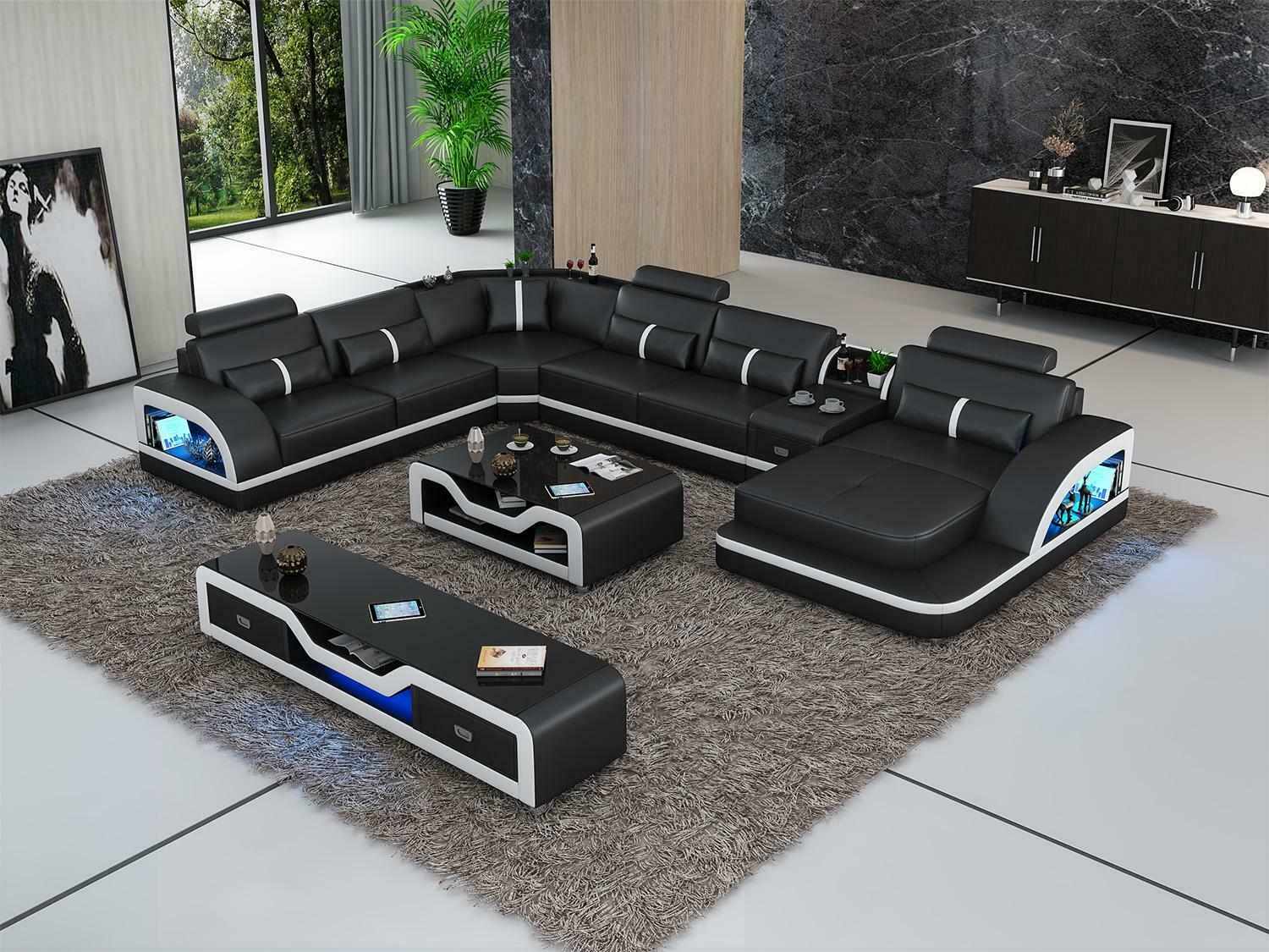 Corner sofa black with coffee table 2 parts. Living room leather sofa set corner set table