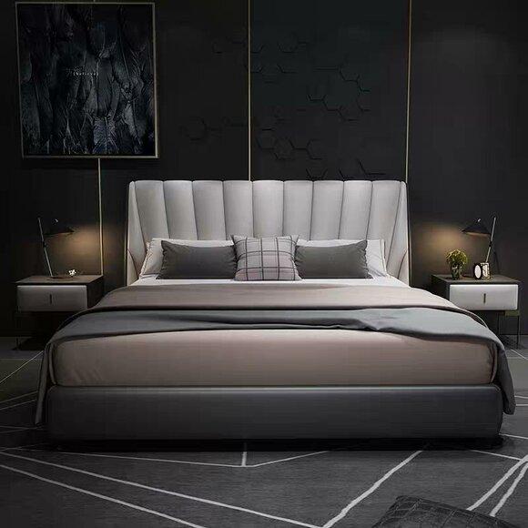 Luxury Double Hotel Beds 180x200cm Sleeping Room Grey Leather Bed Upholstery Design