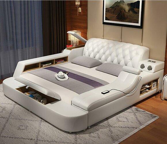 Design Multifunction Bed XXL Big Beds Leather Hotel Upholstery 150x200cm Shelf USB