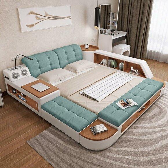 Cushion 180x200 Multifunction Shelf USB Lounger Design Bed Big Beds Leather Hotel