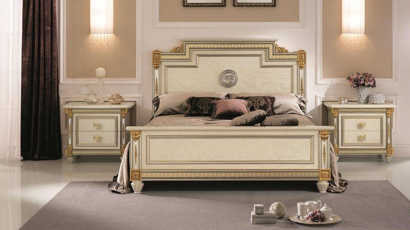 Bed + 2x bedside table 3 piece bedroom set designer luxury bedroom baroque