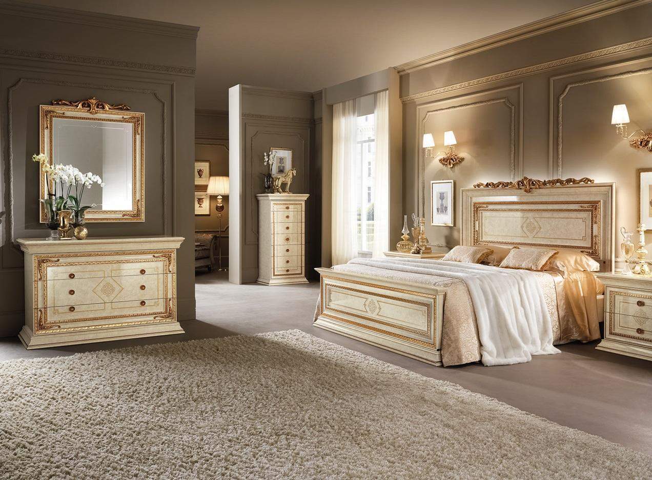 Furniture bedroom set design bed 2x bedside table chest of drawers mirror 6 pieces. Italy