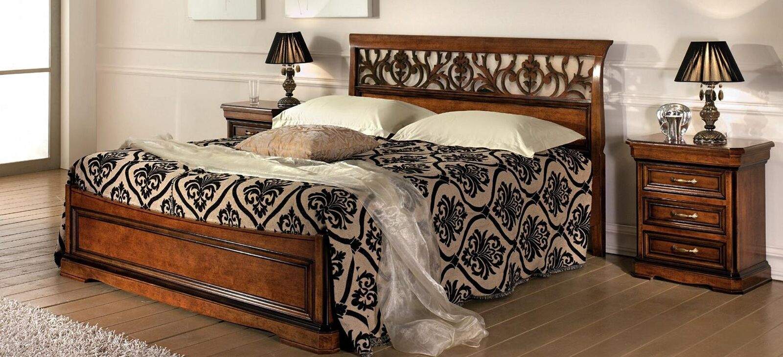 Italian bedroom furniture bed bedside table solid wood bed set 3 pieces