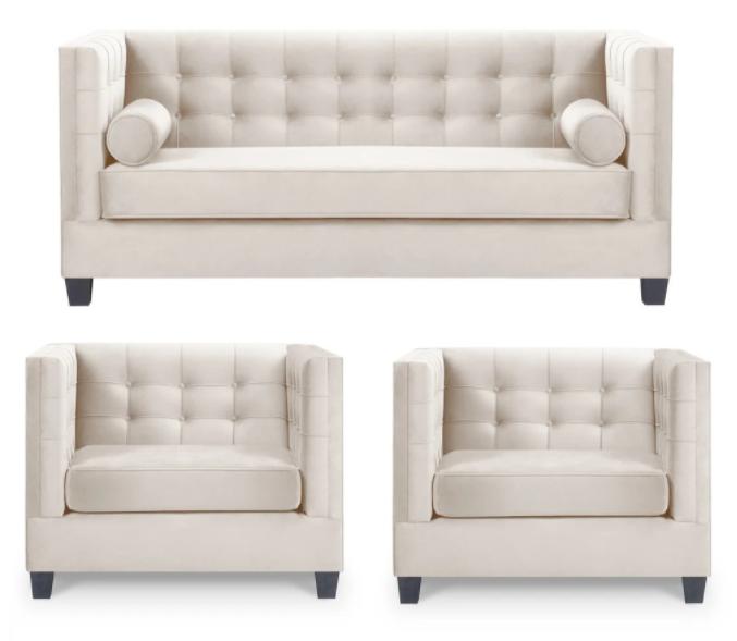 Chesterfield Set Group Armchairs Beige Fabric Couches Furniture Sofa Set New