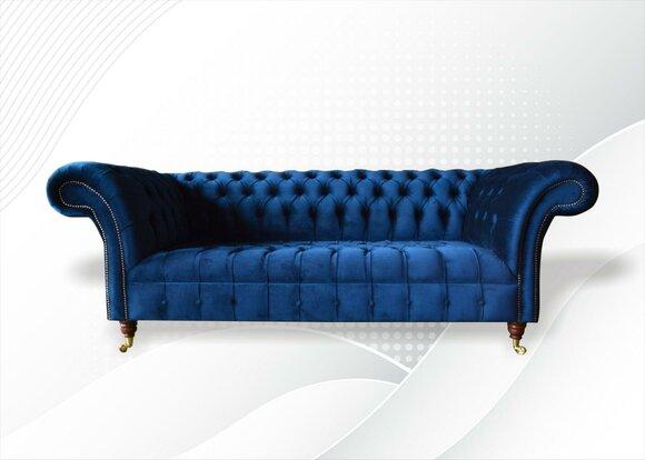 Chesterfield 3 Seater Blue Design Couches Upholstery Sofas Velvet Fabric Textile Luxury