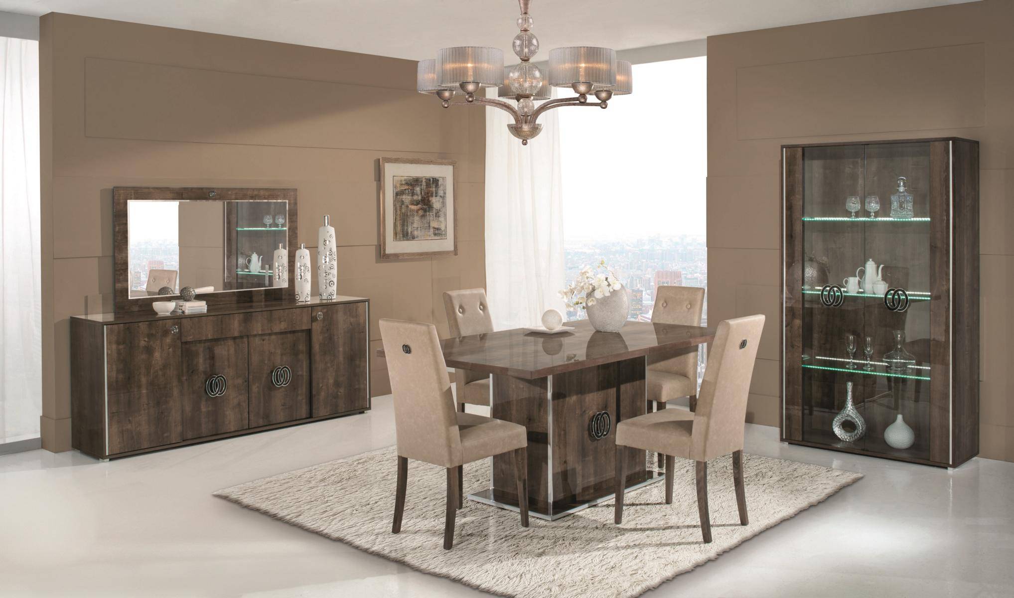 Dining Room Dining Table Chair Chest of Drawers Mirror Glass Cabinet Group Set Wood Set 8pcs.