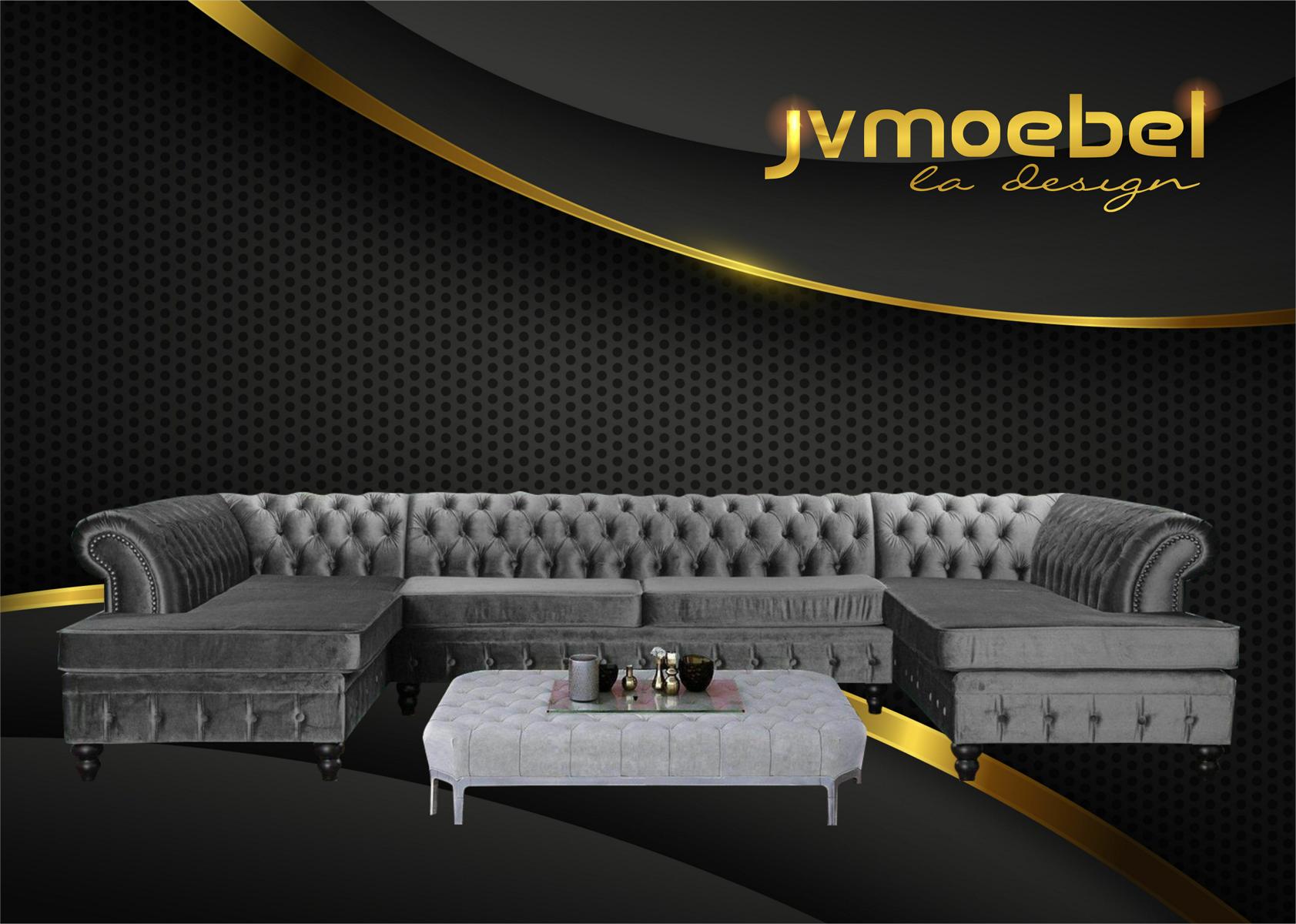 Set Luxury Modern Corner Sofa U Shape Chesterfield and Coffee Table Living Room Textile