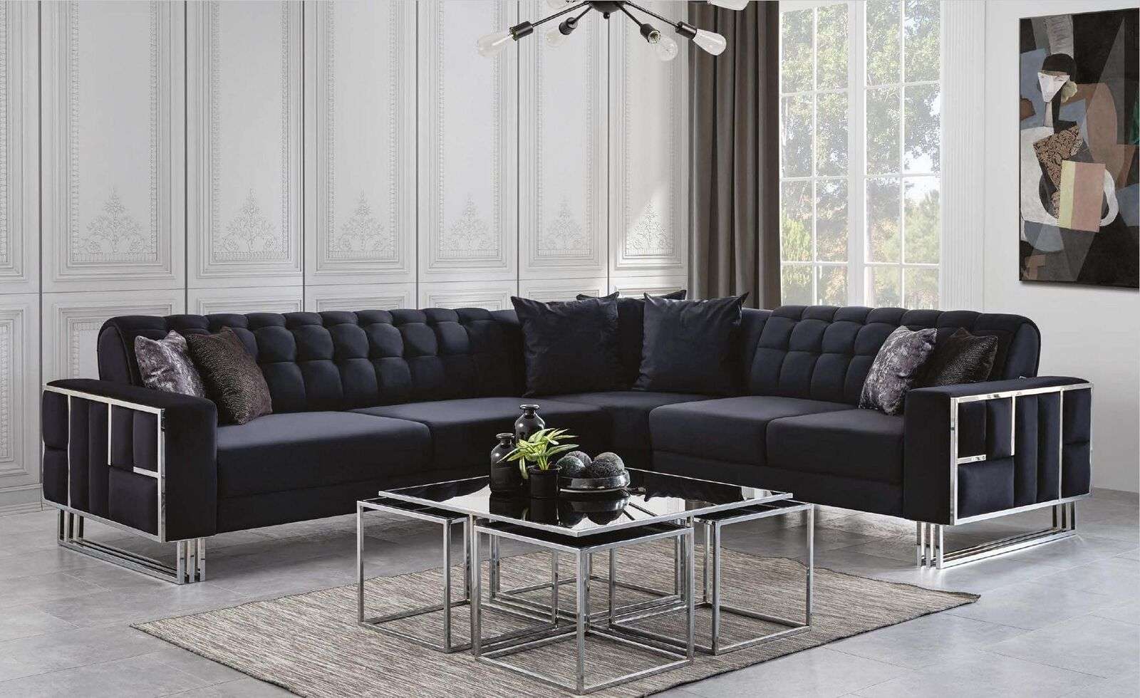 Luxury corner sofa textile couches furniture corner set metal elements couch sofa