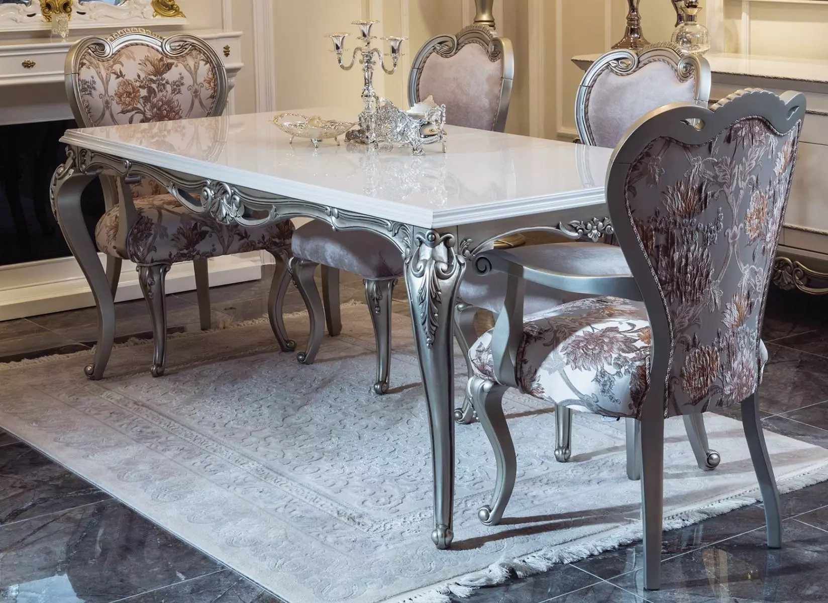 Classic Dining Table Silver Baroque Rococo Dining Room Furniture White