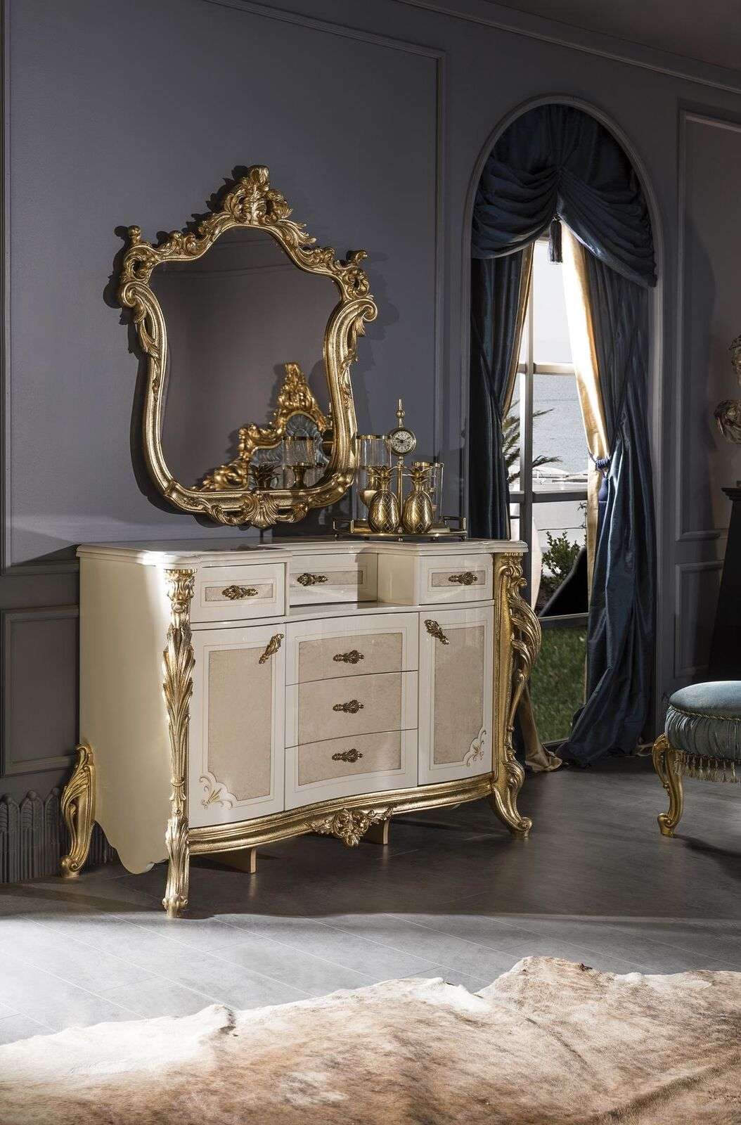 Bedroom set beige chest of drawers elegant mirror modern luxury design new 2 pieces.