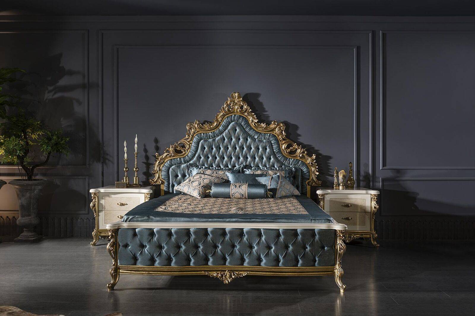 Classic Chesterfield bed bedroom set blue 2x bedside tables gold 3 pieces.