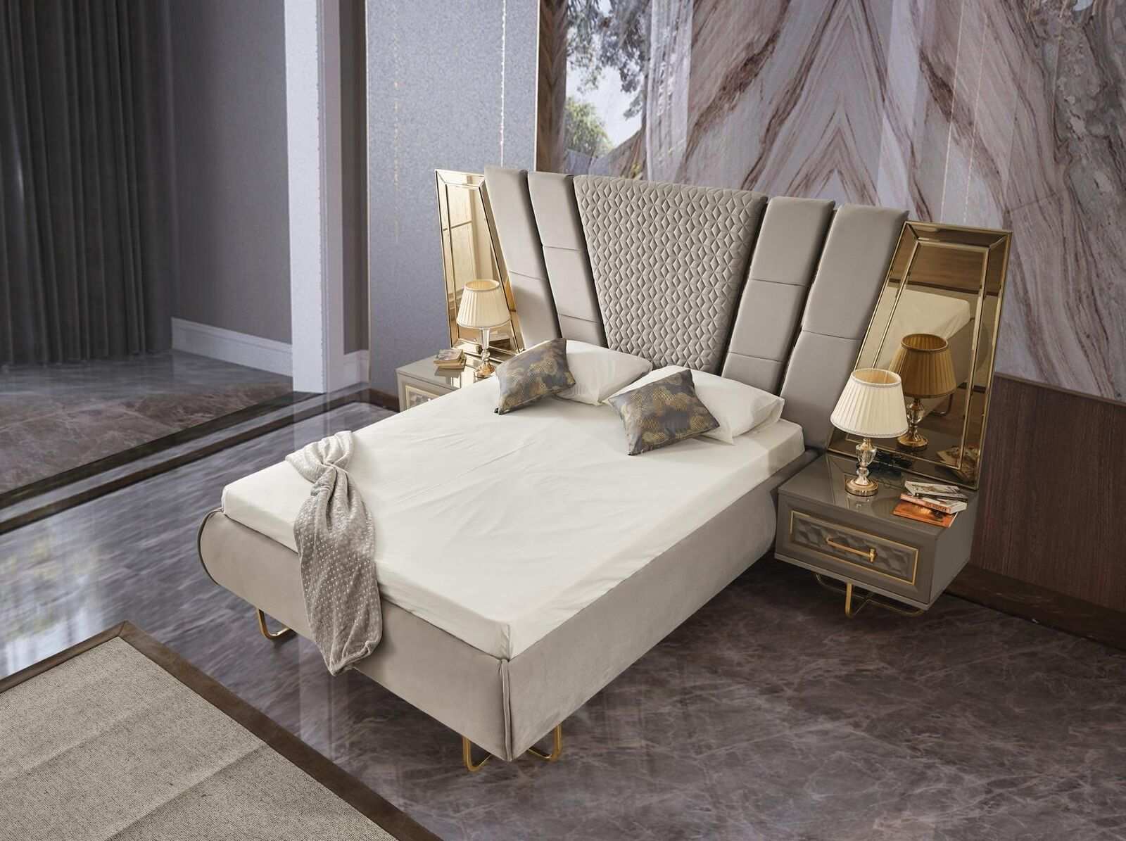 Luxury Bed Hotel Beds with 2x Nightstand Gold Shiny Furniture Bedroom