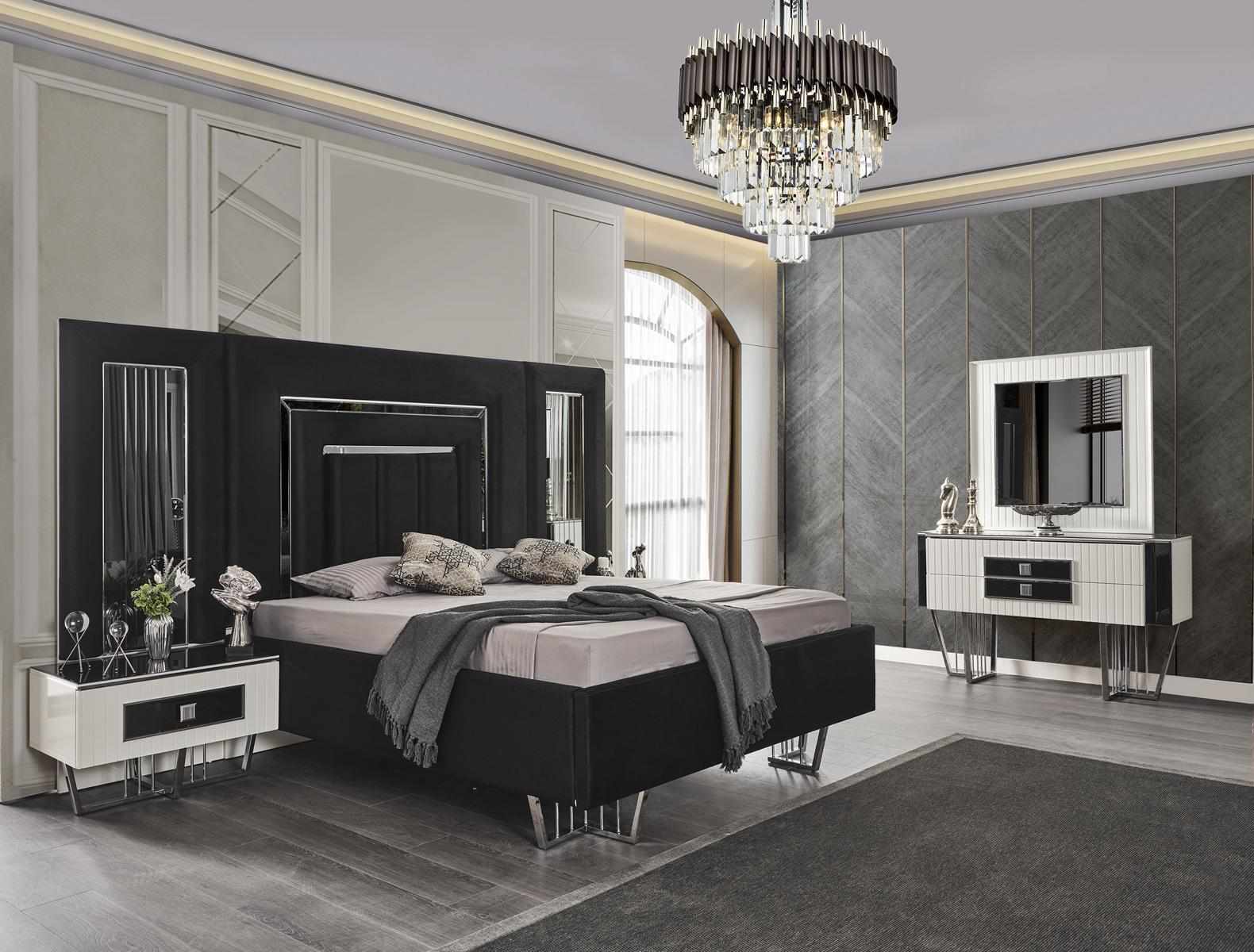 Bedroom furniture luxury bed textile with bedside tables chest of drawers mirror 5 pieces.