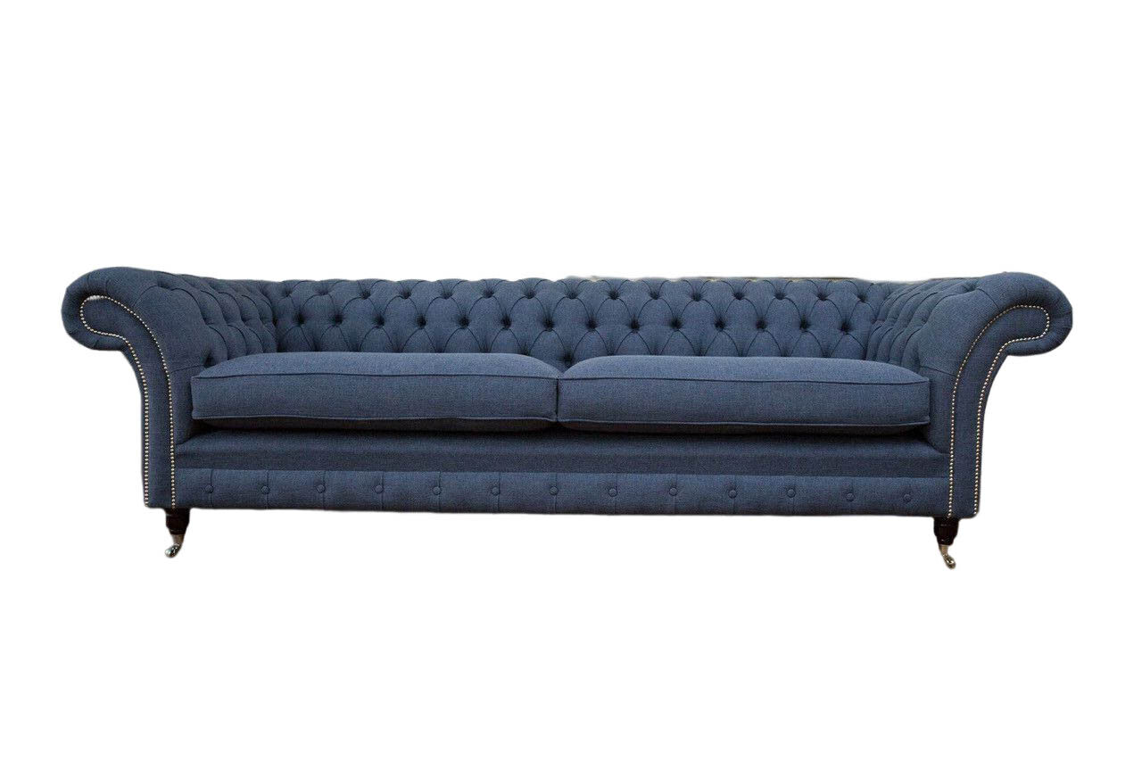 Design Sofa 4 Seater Couch Textile Upholstery Blue Sofas Chesterfield New