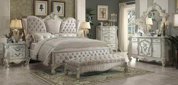 Classic baroque style bedroom set of chesterfield design double bed & 2x-bedside tables