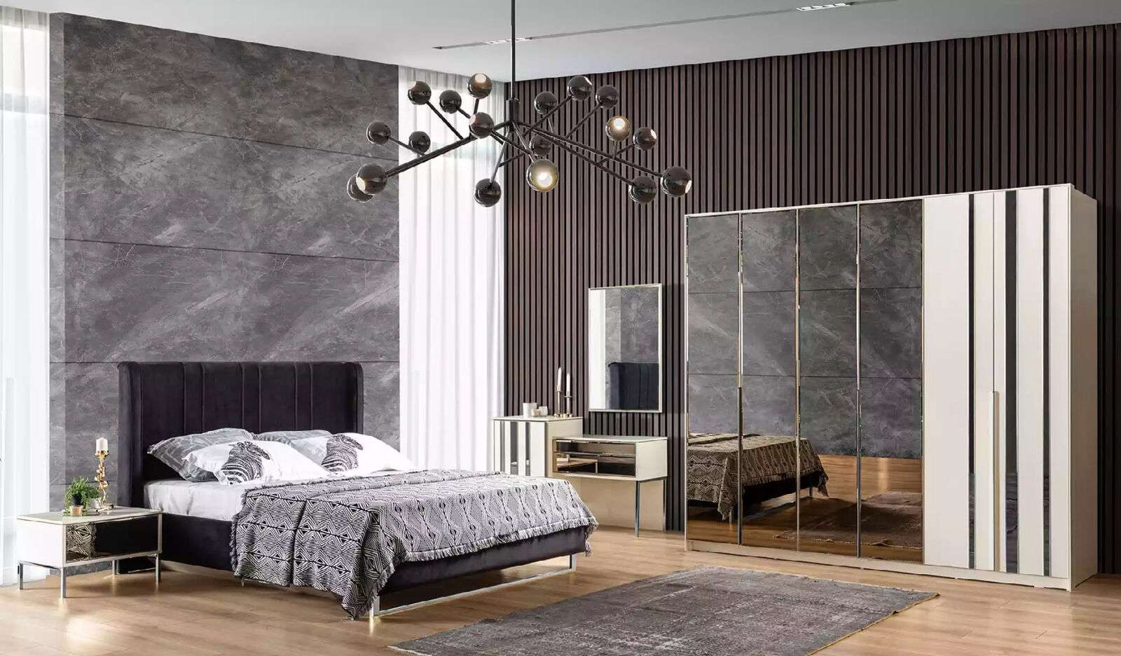 Bed 2x nightstands 6pcs bedroom closet design modern luxury