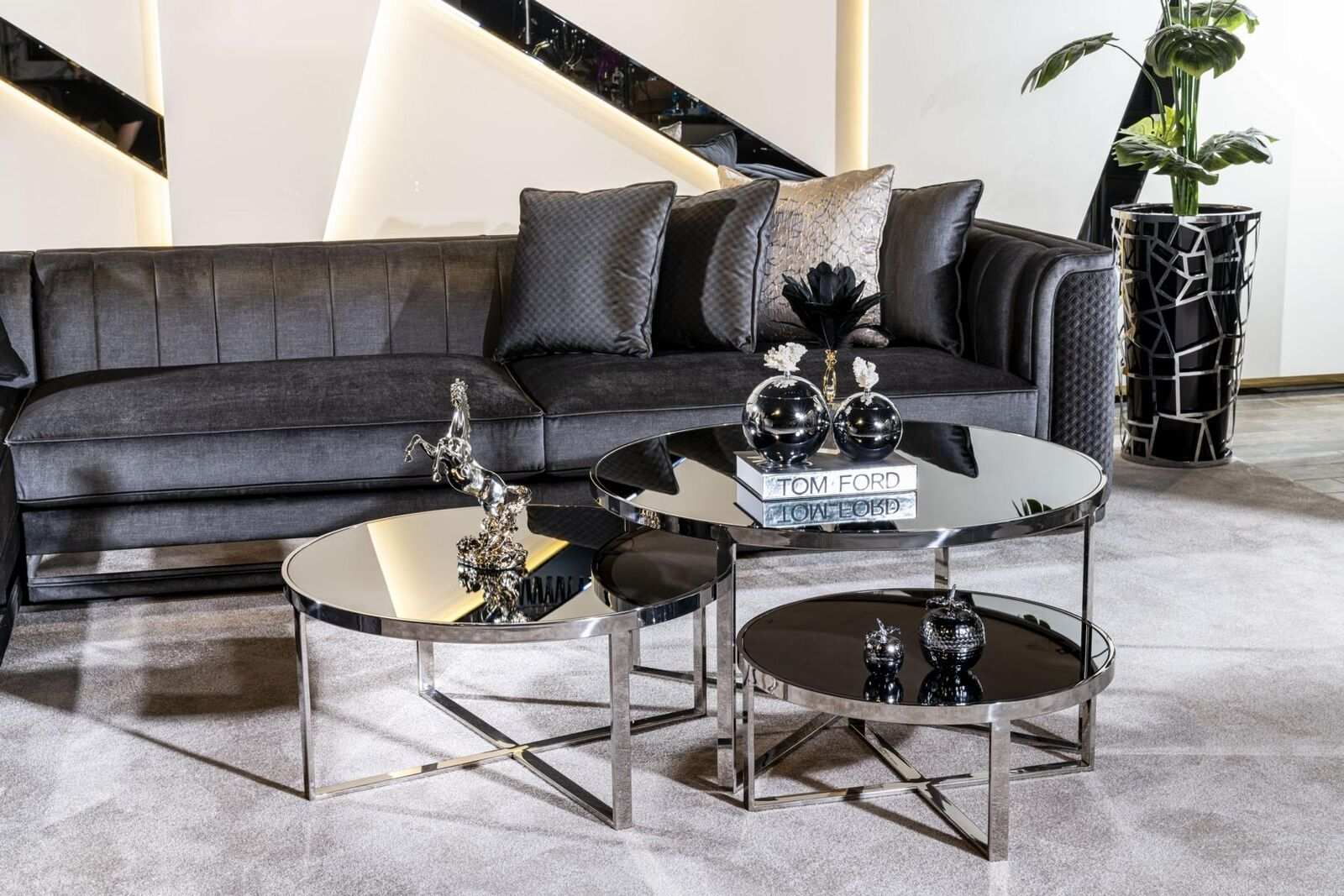 Living room coffee tables luxury design 3 pcs. Wooden gray style modern table