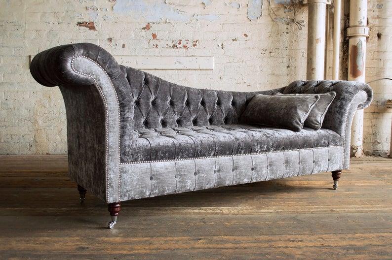 Grey Chesterfield Sofa 3-Seater Textile Upholstered Chaise Longue Type Unique Design Couch on Casters New