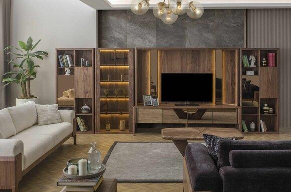 Modern Brown Wall Unit Living Room Wooden Wall Mux LED Shelves Wall Units