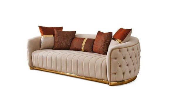 Beige Textile Three Seater Modern Designer Luxury Couch Chesterfield Beige