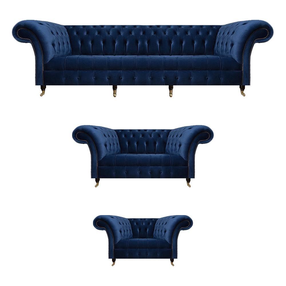 Living room set 3-piece Chesterfield blue textile luxury sofas design furnishings