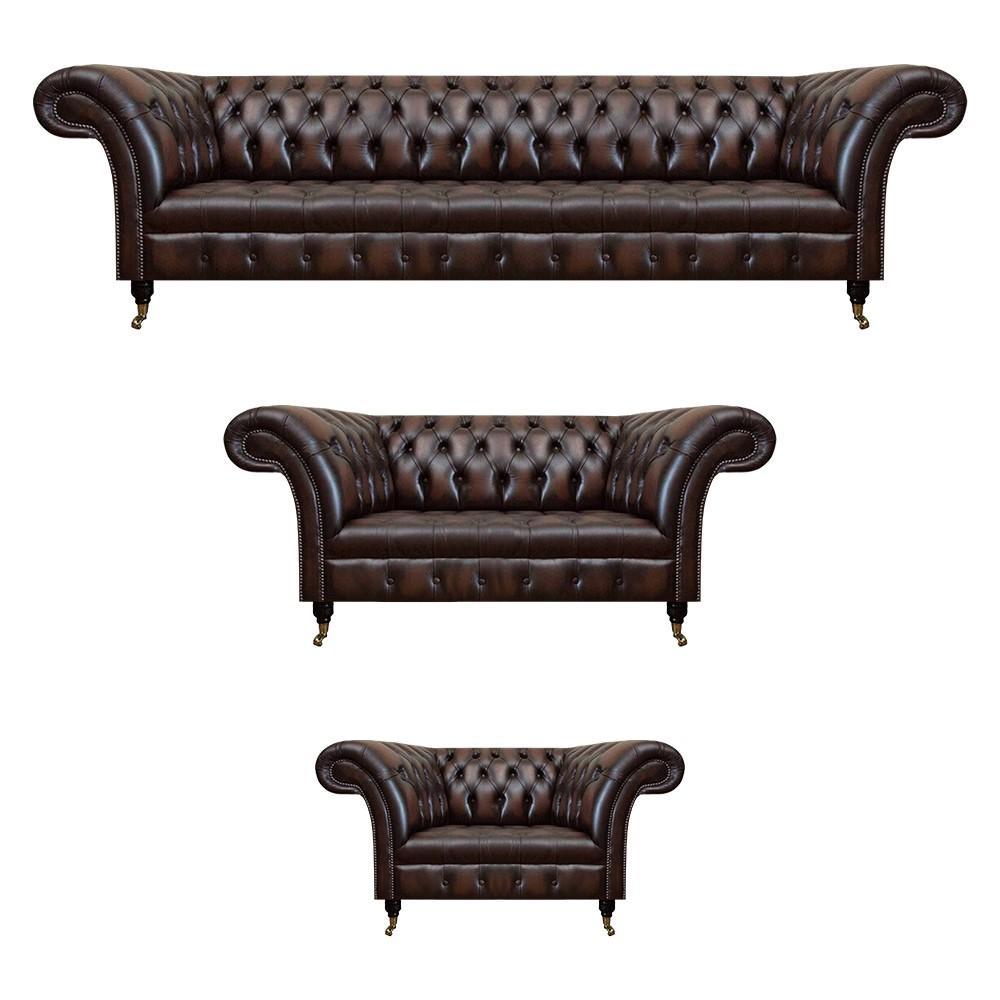 Chesterfield Leather Brown Living Room Upholstered Furniture Sofas Set Luxury Furnishings