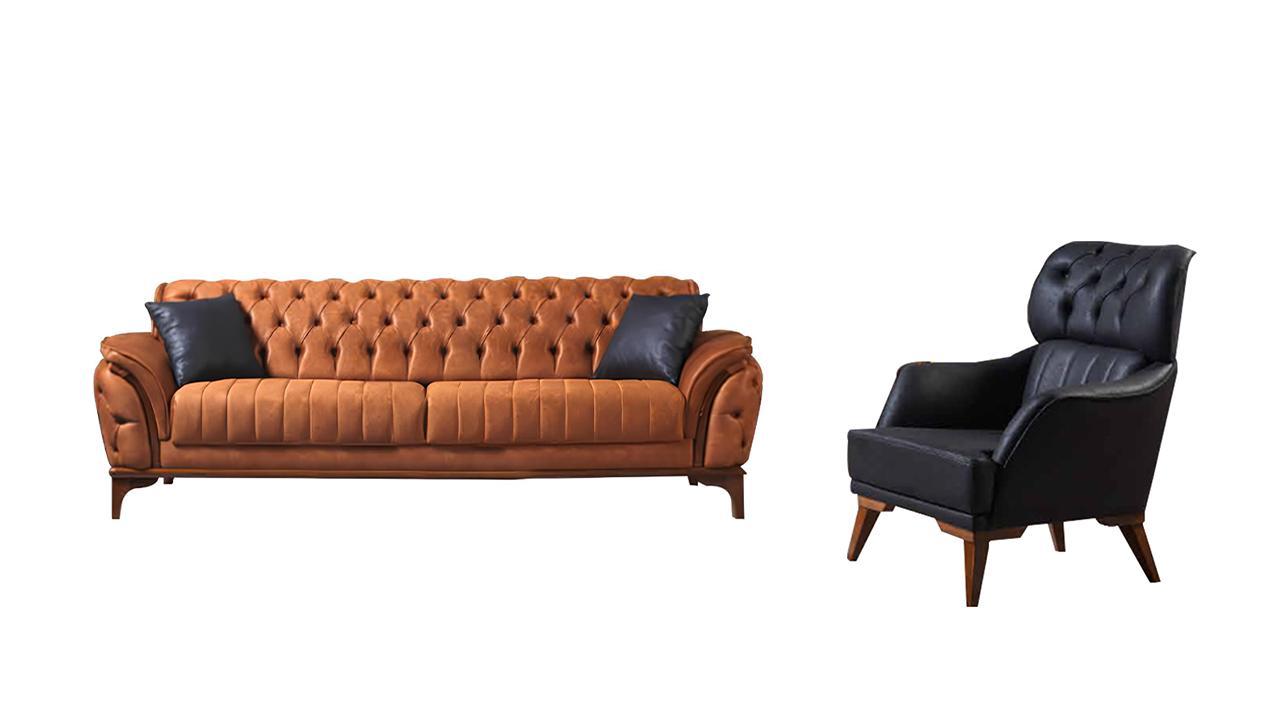 Orange-black Chesterfield set luxurious three-seater armchair 2-piece