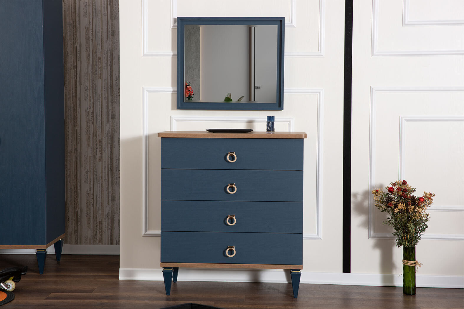 Blue 4-door chest of drawers Modern luxury sideboard with mirror Designer set