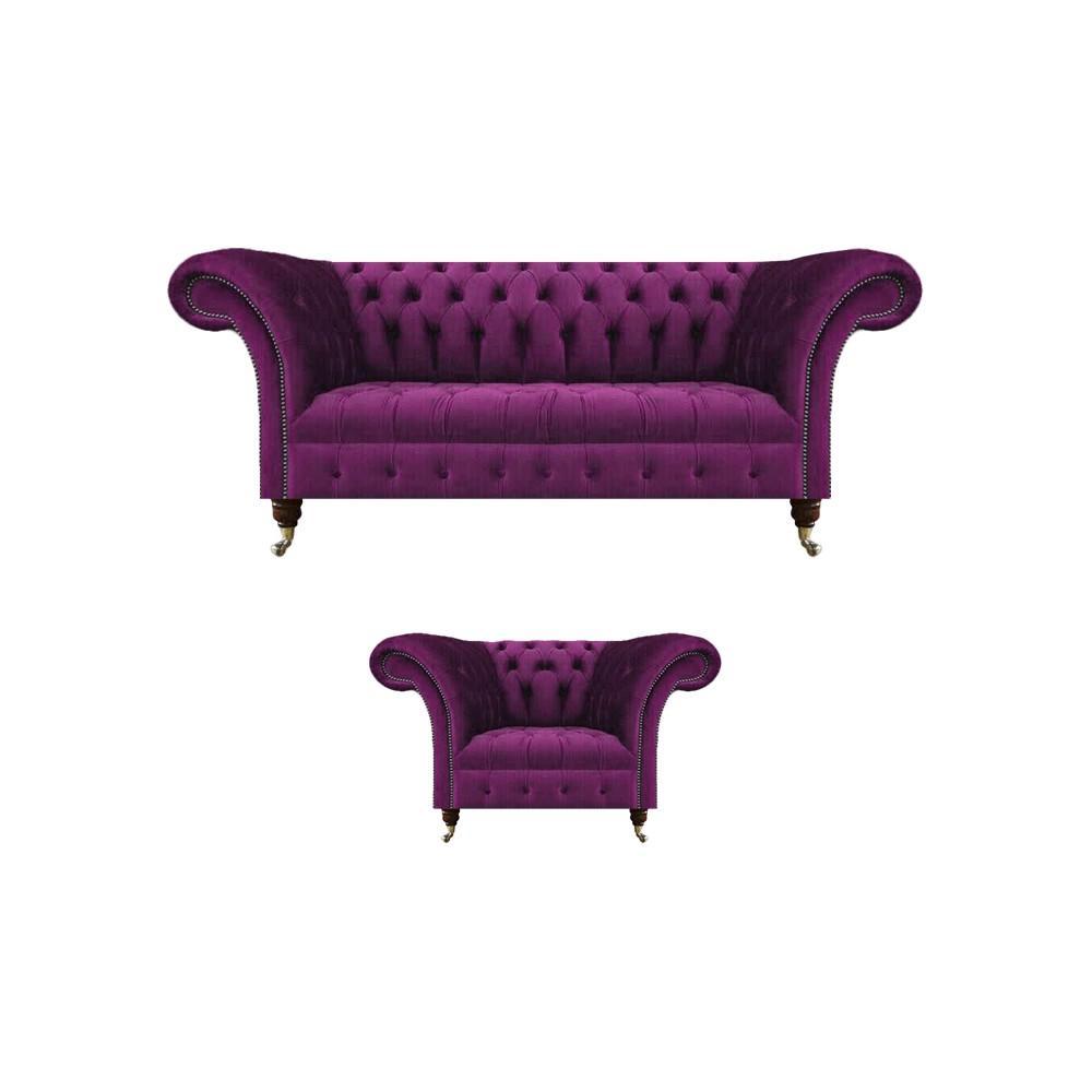 Chesterfield Purple Sofa Couch Three Seats Living Room Armchair Textile Furniture Upholstery