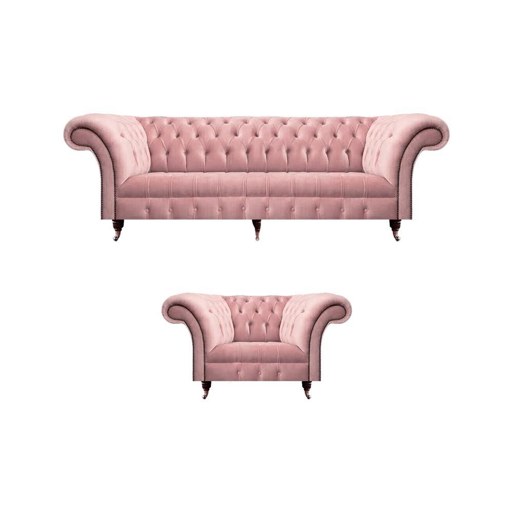 Living room Chesterfield sofa couch three-seater upholstered furniture armchair pink complete