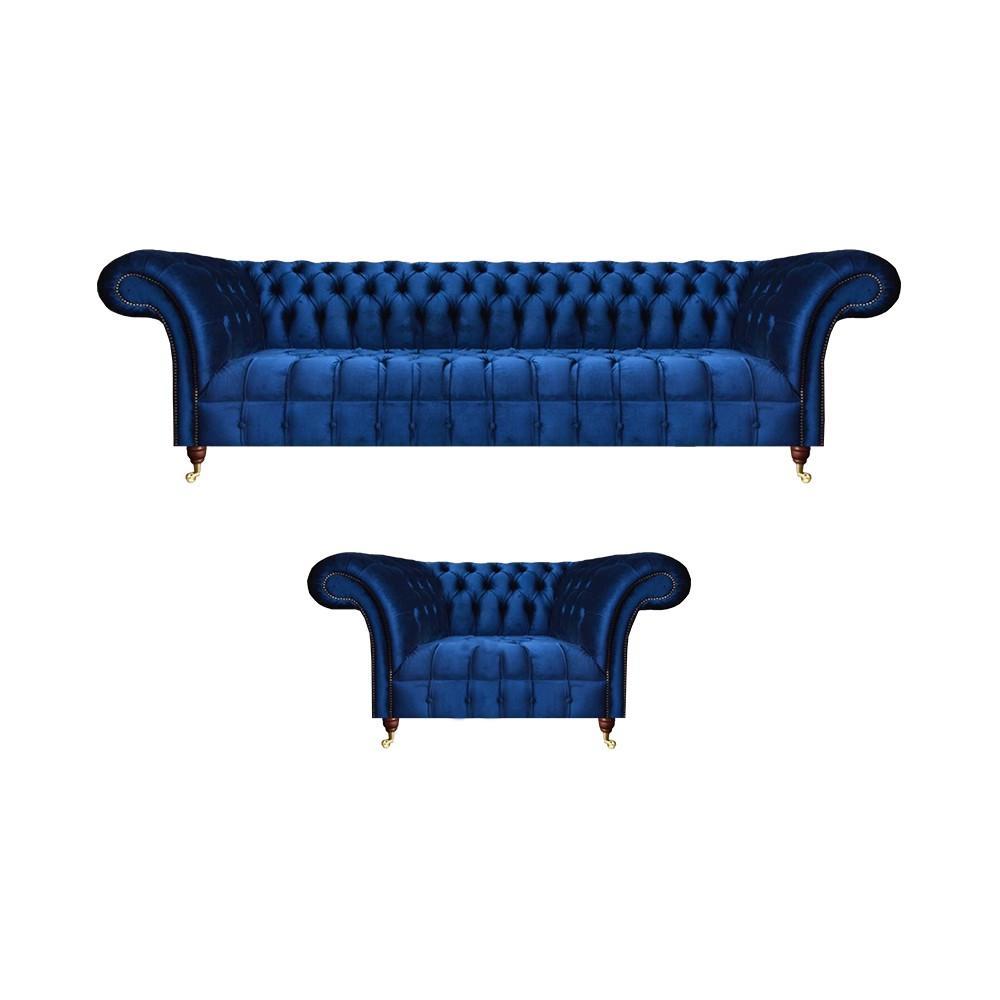 Living room sofa set textile armchair blue sofa three-seater couch Chesterfield