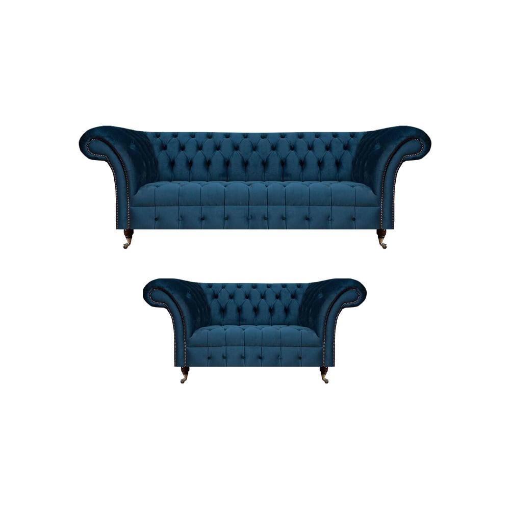 Seating Sofa Set 2x Sofas Set Chesterfield Living Room Blue Upholstered Sofa