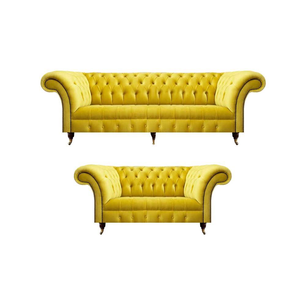 Living room yellow 2x sofas three-seater and two-seater couch textile Chesterfield