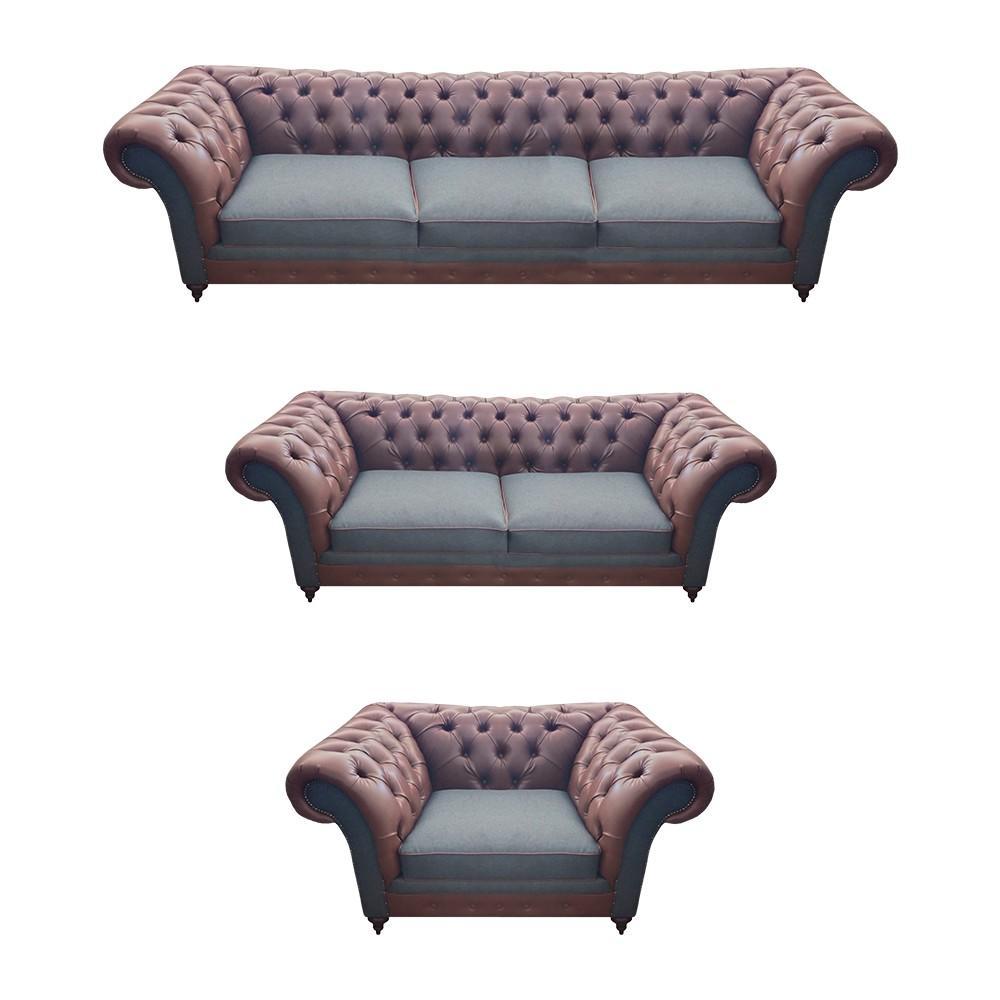 Brown Sofas Complete 3-Piece Leather Seating Living Room Chesterfield Design Furniture