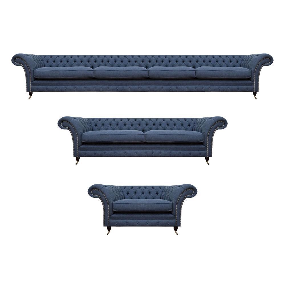 Luxury Furniture Sofa Set Blue Textile Complete Living Room Chesterfield Sofa Set